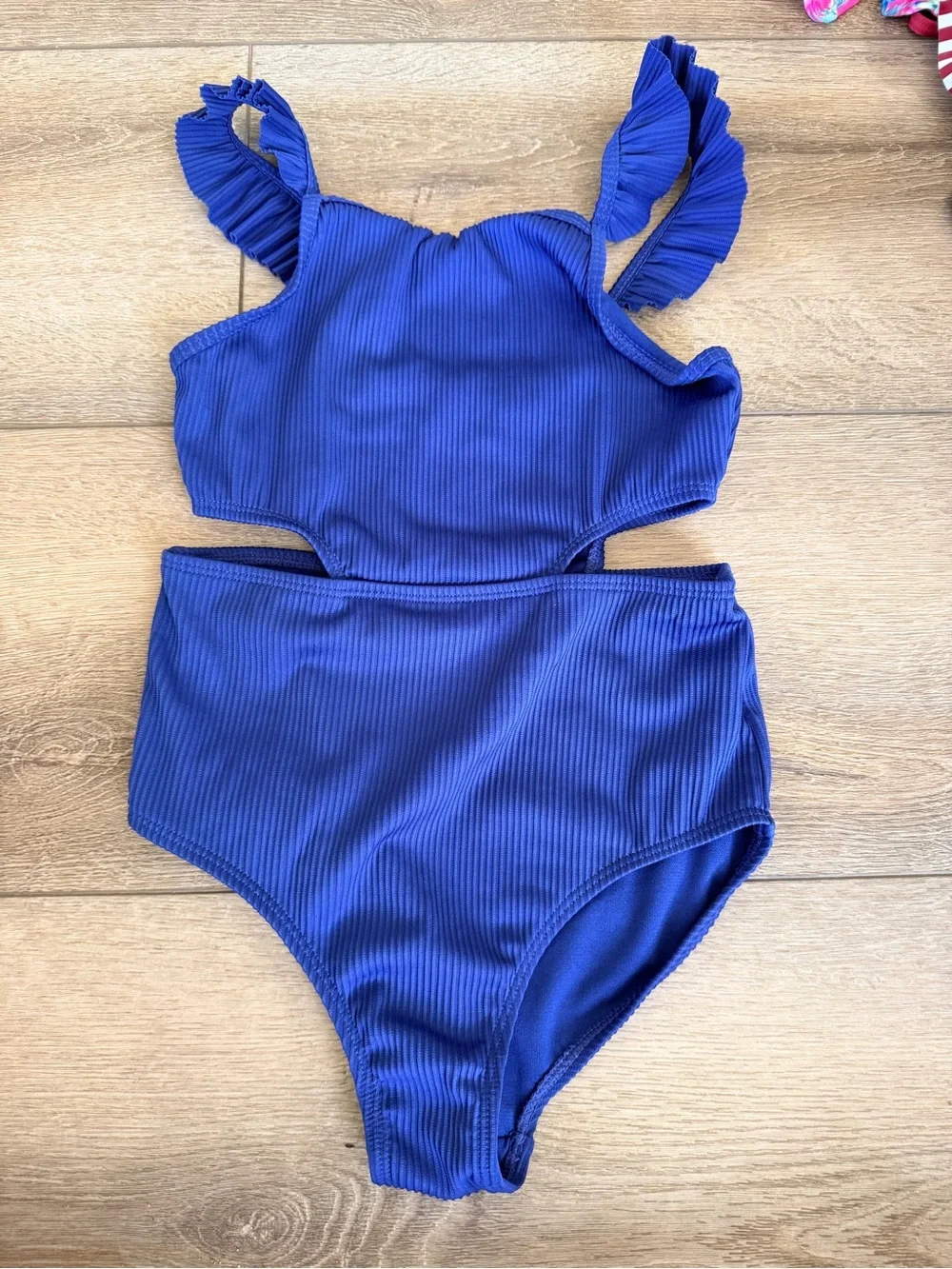 Wonder Nation Girls Rib Knit One Piece Swimsuit with Ruffle Straps and UPF 50